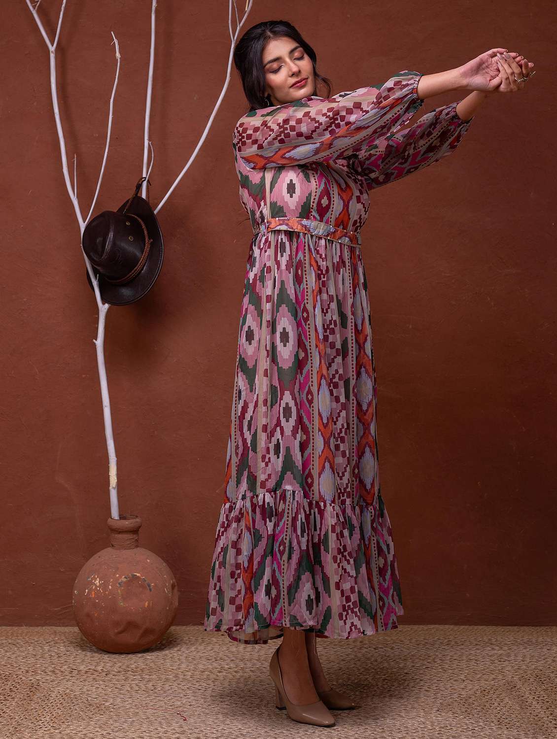 women printed puff sleeve tiered maxi dress - 22183437 -  Standard Image - 1