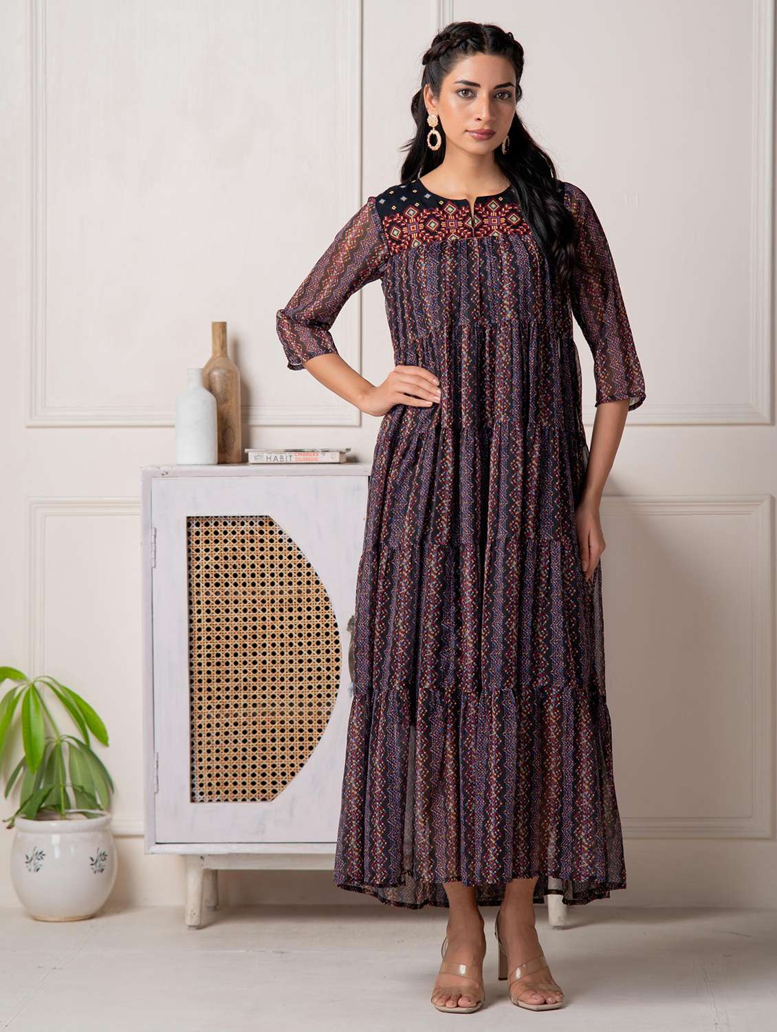 women printed three quarter sleeve tiered maxi dress