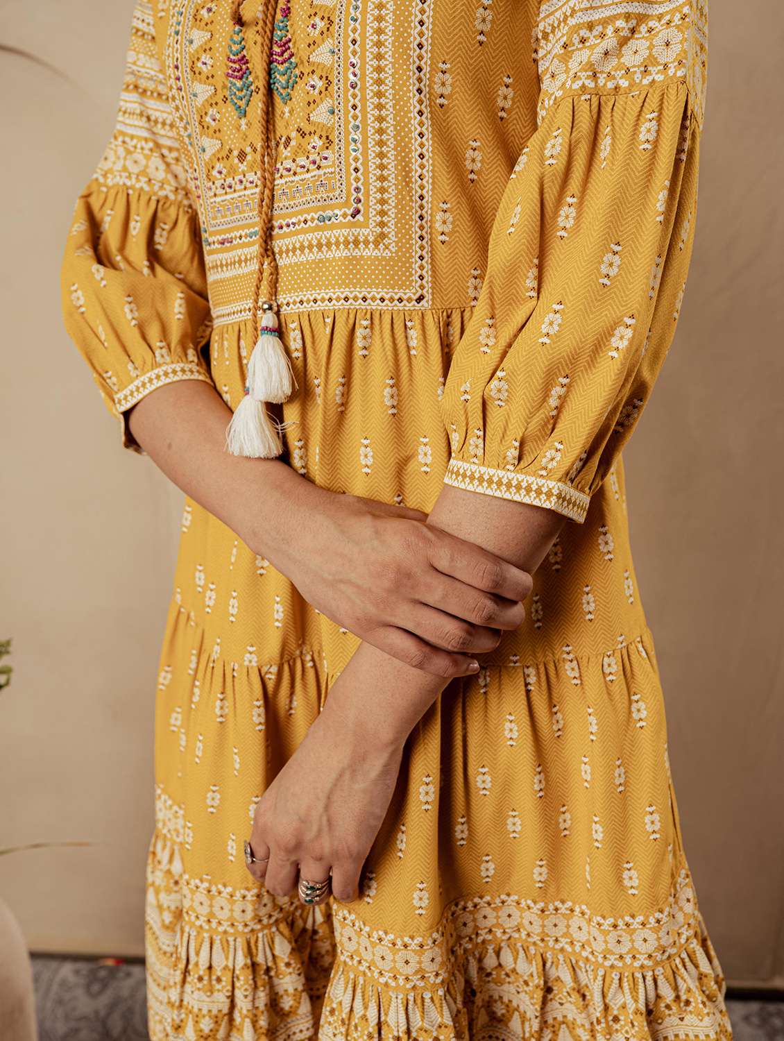 women printed three quarter sleeve tiered ethnic dress - 22183439 -  Standard Image - 4