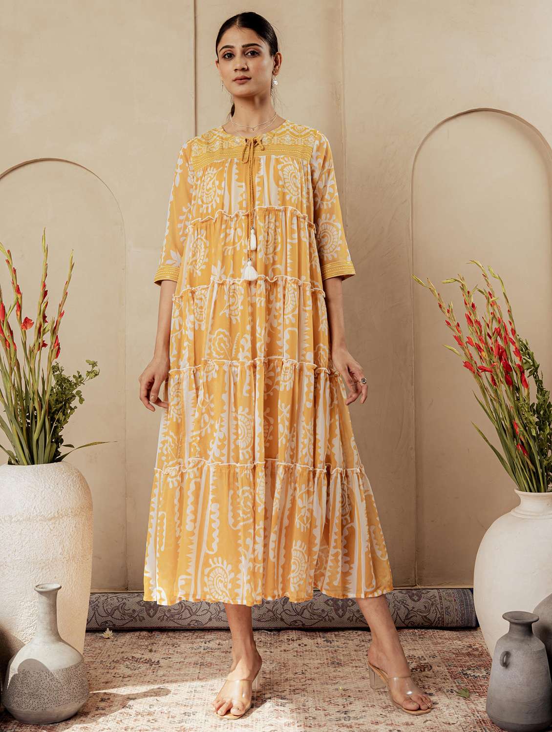 women printed three quarter sleeve tiered ethnic dress