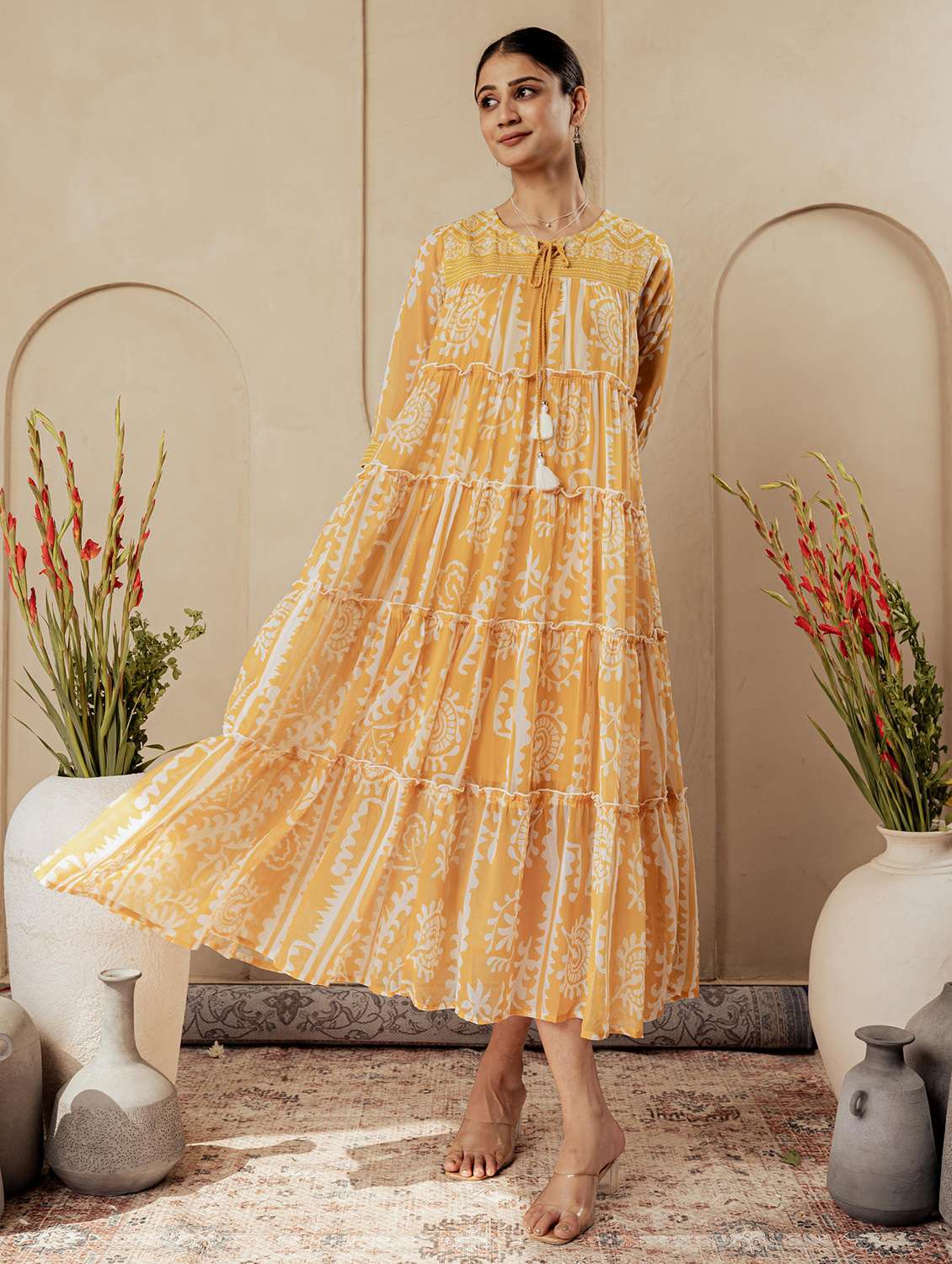 women printed three quarter sleeve tiered ethnic dress - 22183440 -  Standard Image - 1