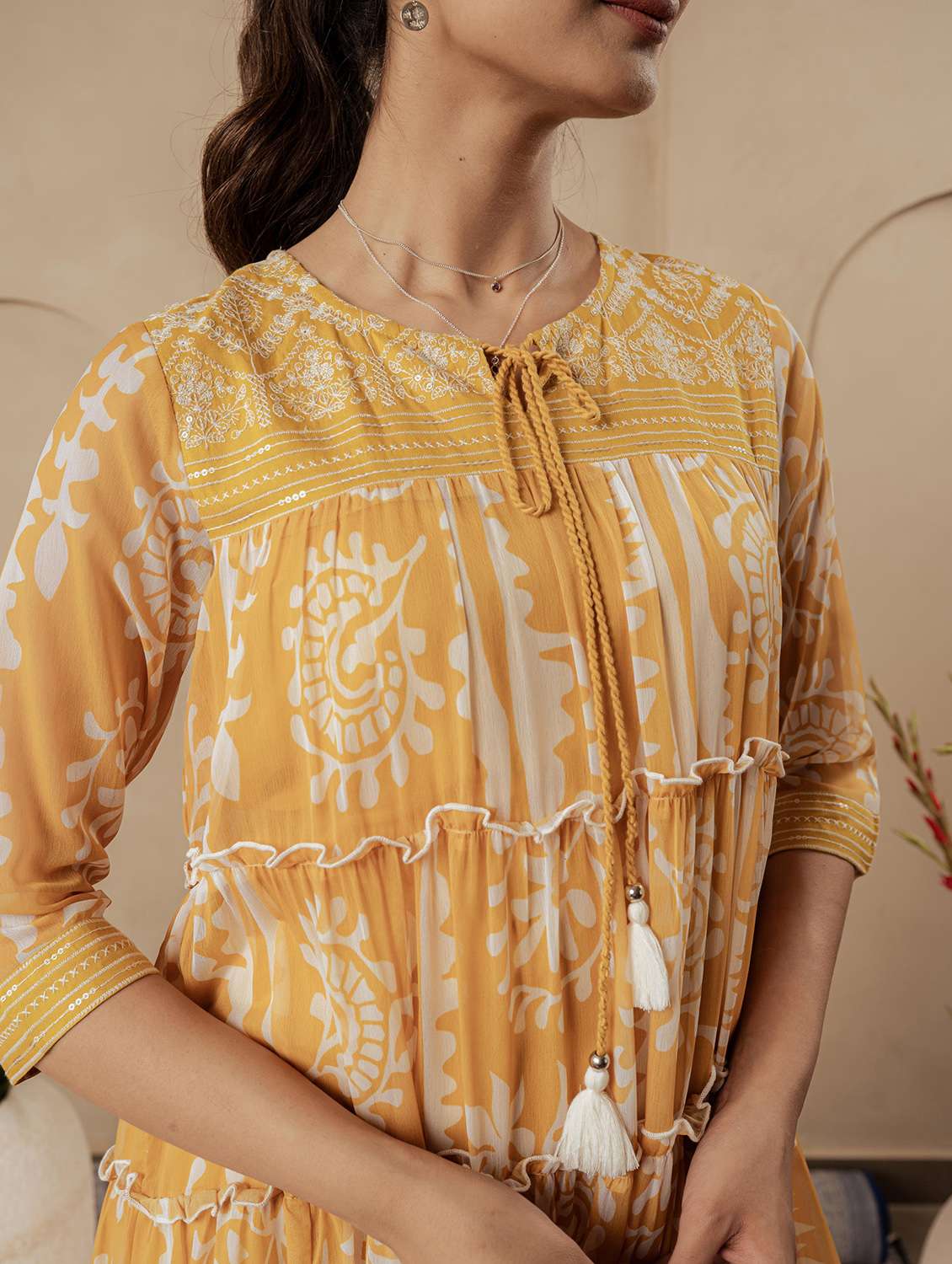 women printed three quarter sleeve tiered ethnic dress - 22183440 -  Standard Image - 4