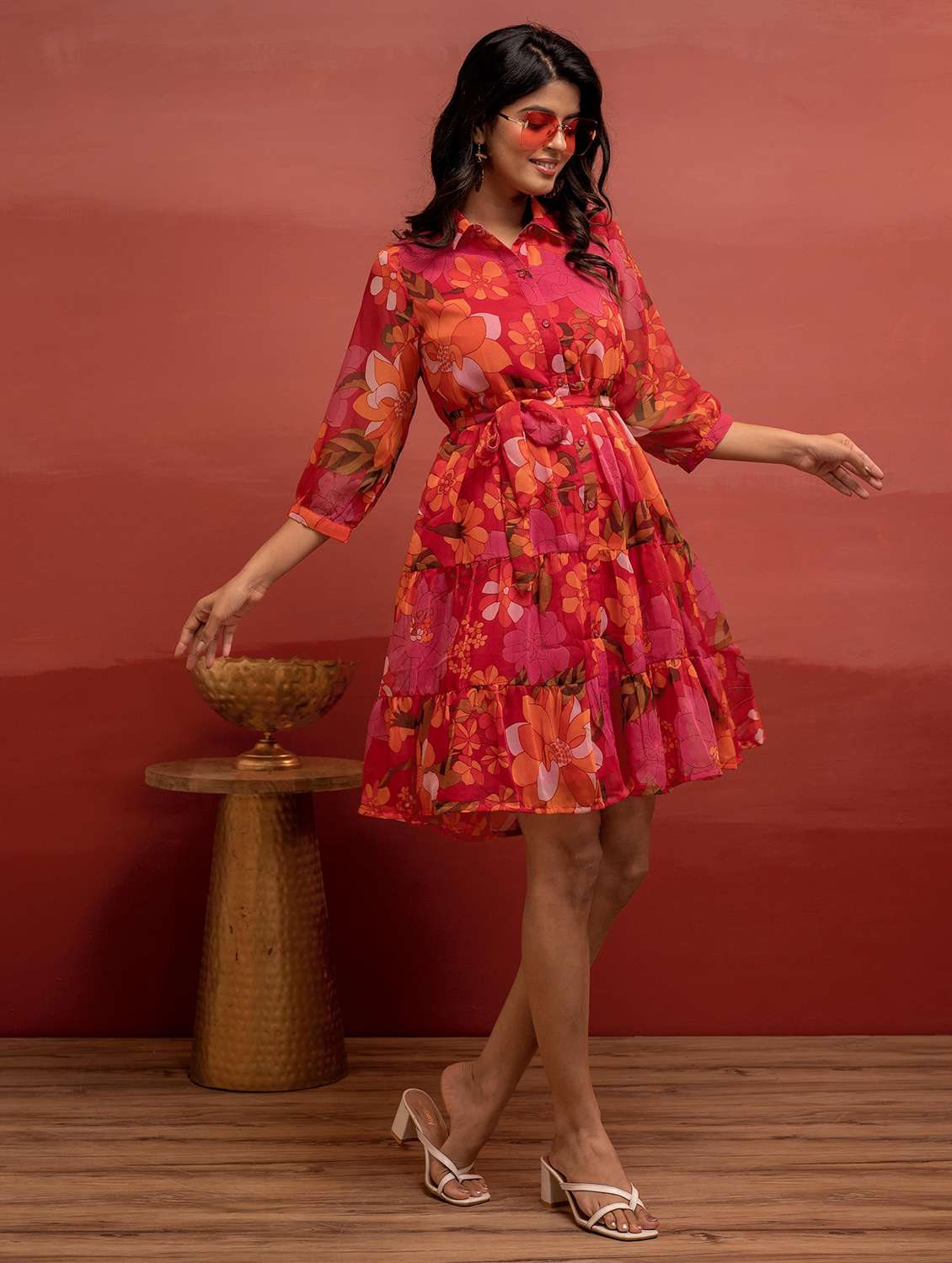 women floral three quarter sleeve tiered dress - 22183441 -  Standard Image - 1