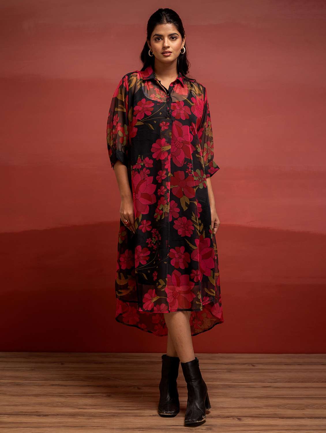 women floral printed three quarter sleeve a-line dress - 22183447 -  Standard Image - 1