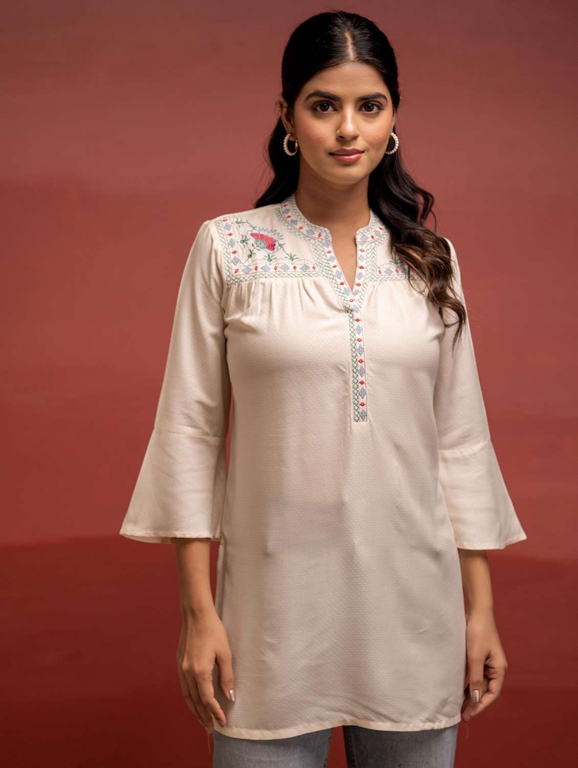 women embroidered bell sleeve straight kurti - 22183451 -  Standard Image - 1