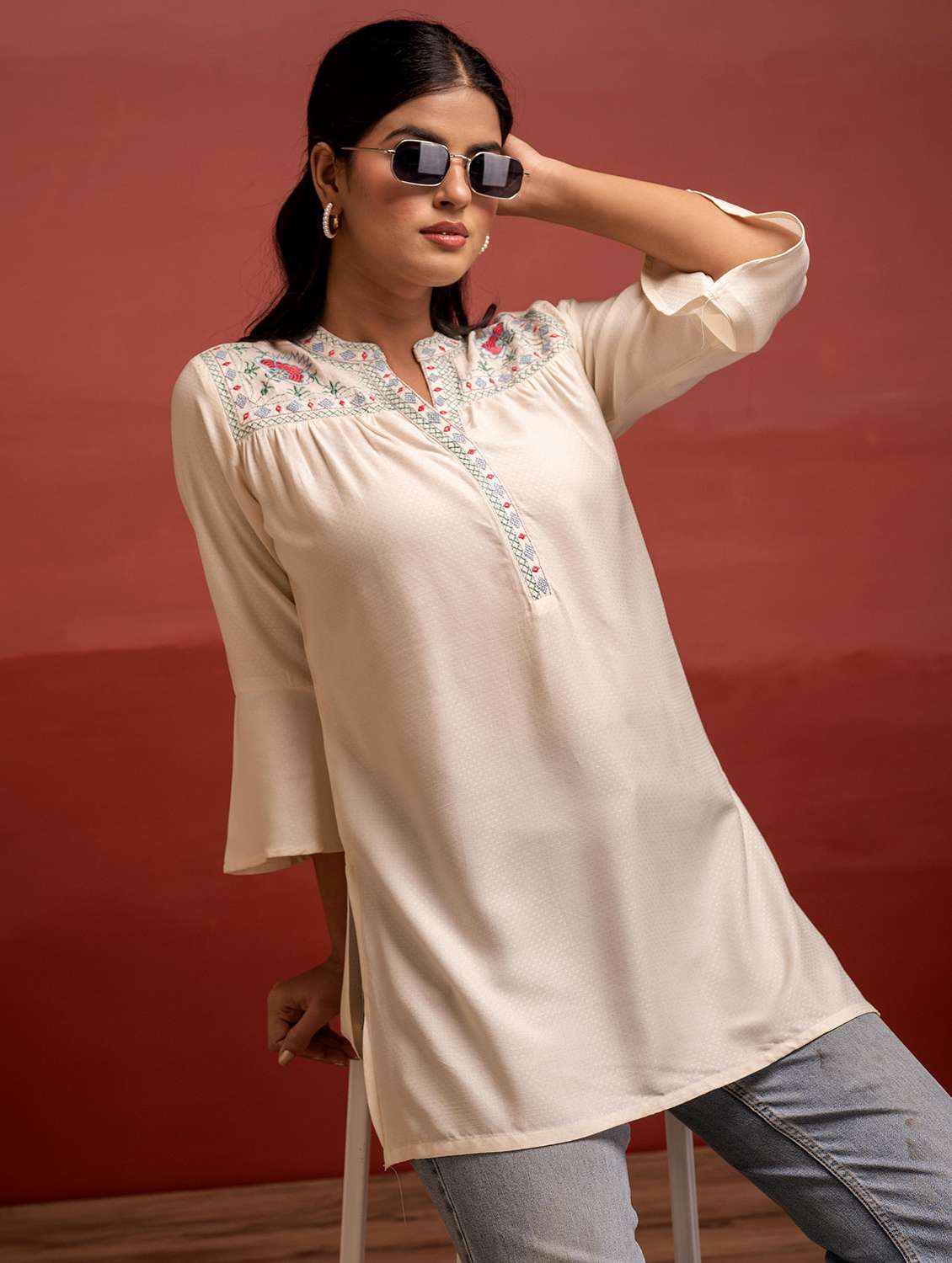 women embroidered bell sleeve straight kurti - 22183451 -  Standard Image - 4
