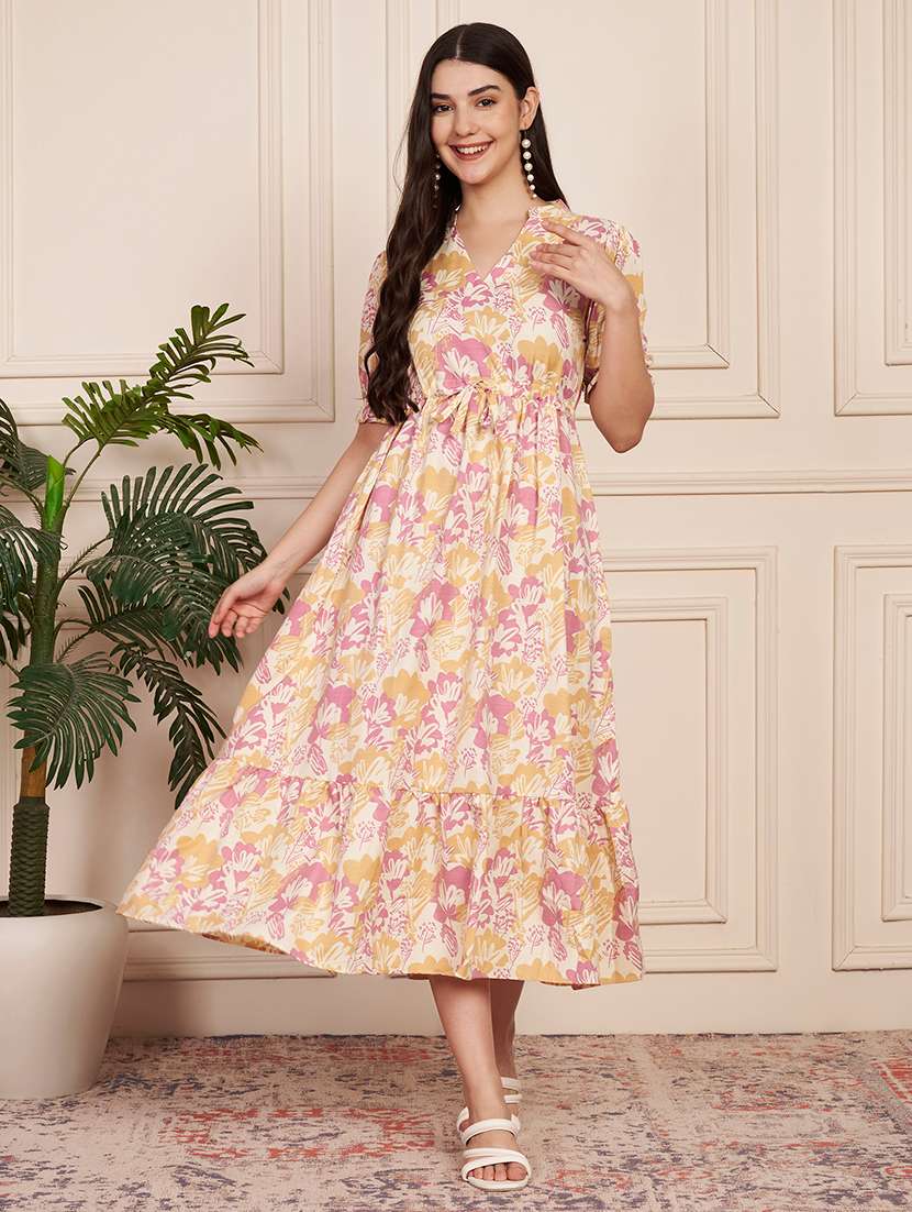 women printed short sleeve tiered dress