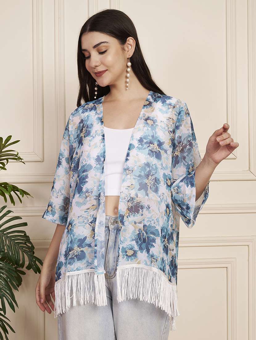 women floral print three quarter sleeve regular shrug