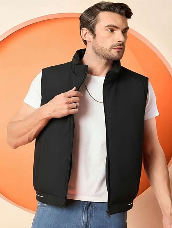 men solid sleeveless bomber jacket - 22183649 -  Standard Image - 1