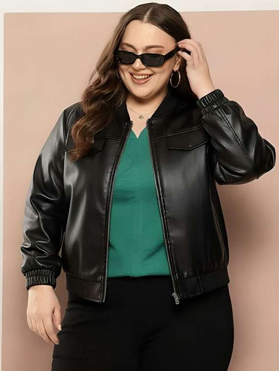 women solid long sleeve leatherette biker jacket
