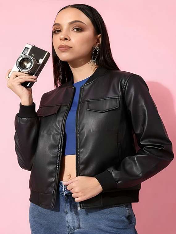 women solid long sleeve leatherette jacket