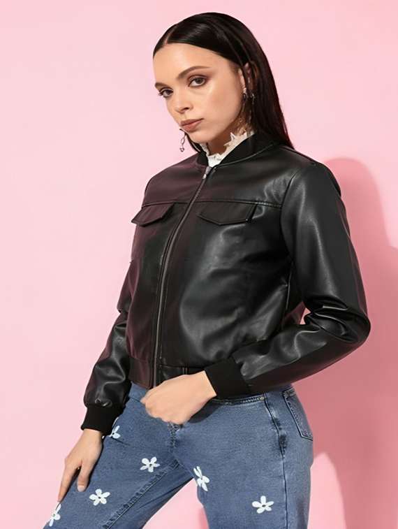 women solid long sleeve leatherette jacket - 22183670 -  Standard Image - 1