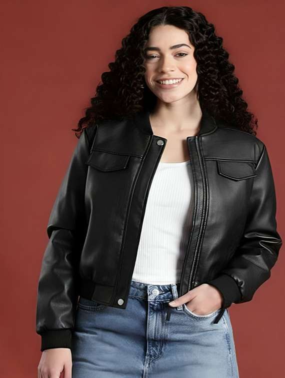 women solid long sleeve leatherette biker jacket