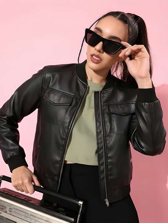 women solid long sleeve leatherette jacket