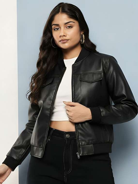 women solid long sleeve leatherette jacket