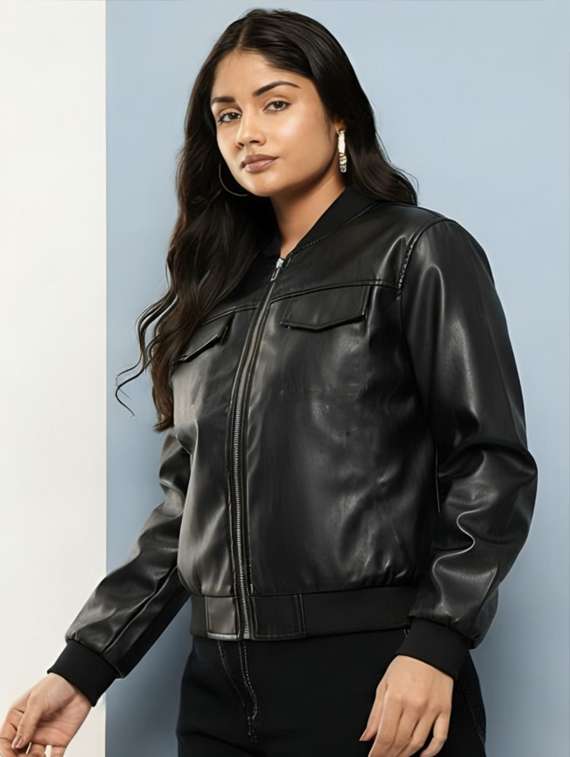 women solid long sleeve leatherette jacket - 22183676 -  Standard Image - 1