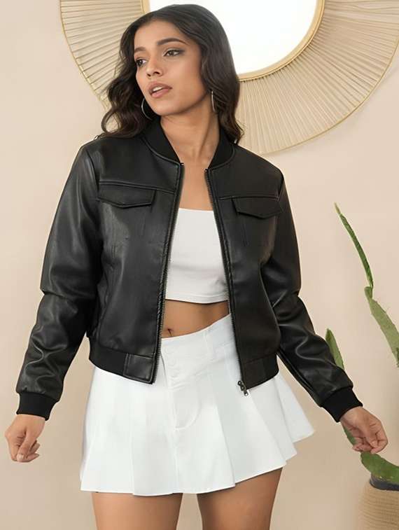 women solid long sleeve leatherette jacket