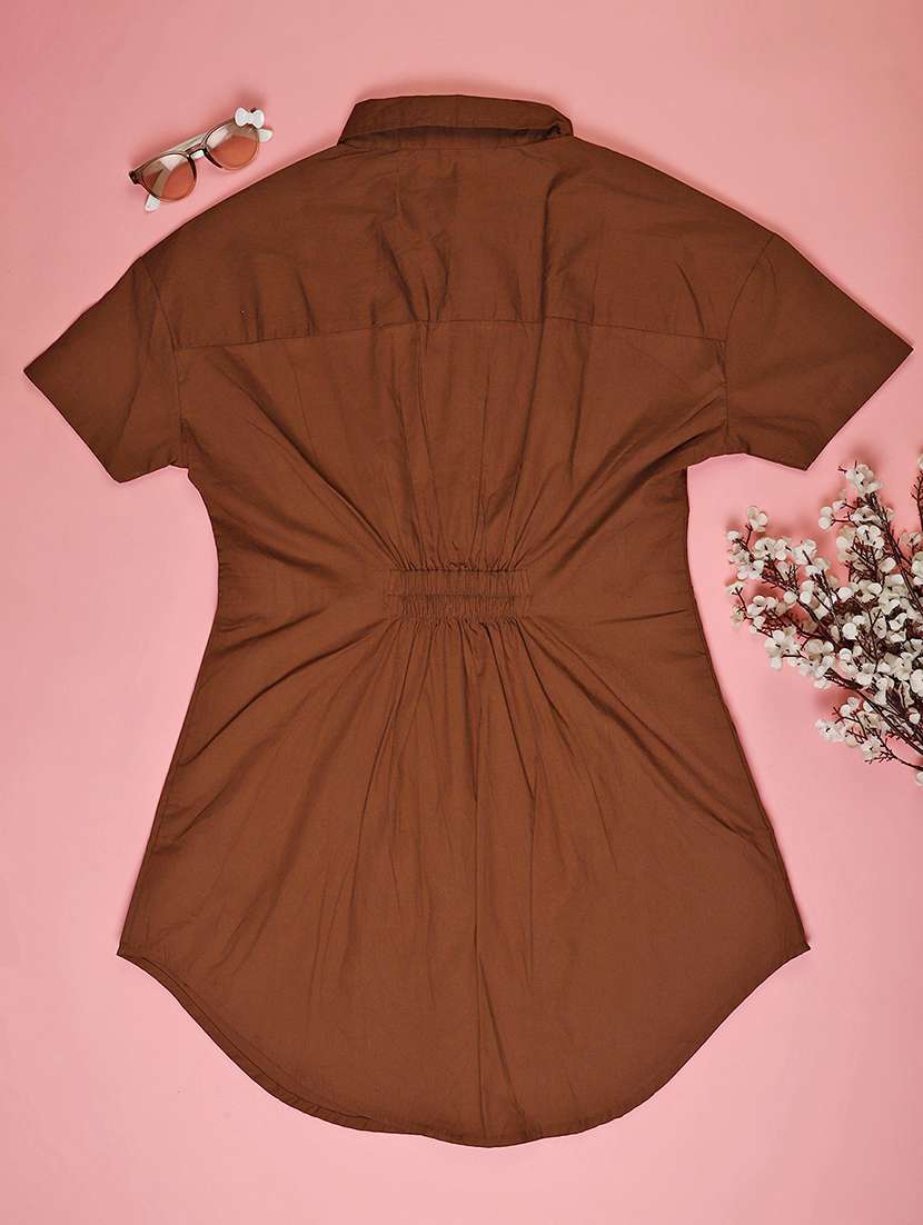 girls brown solid short sleeve shirt dress - 22183701 -  Standard Image - 1
