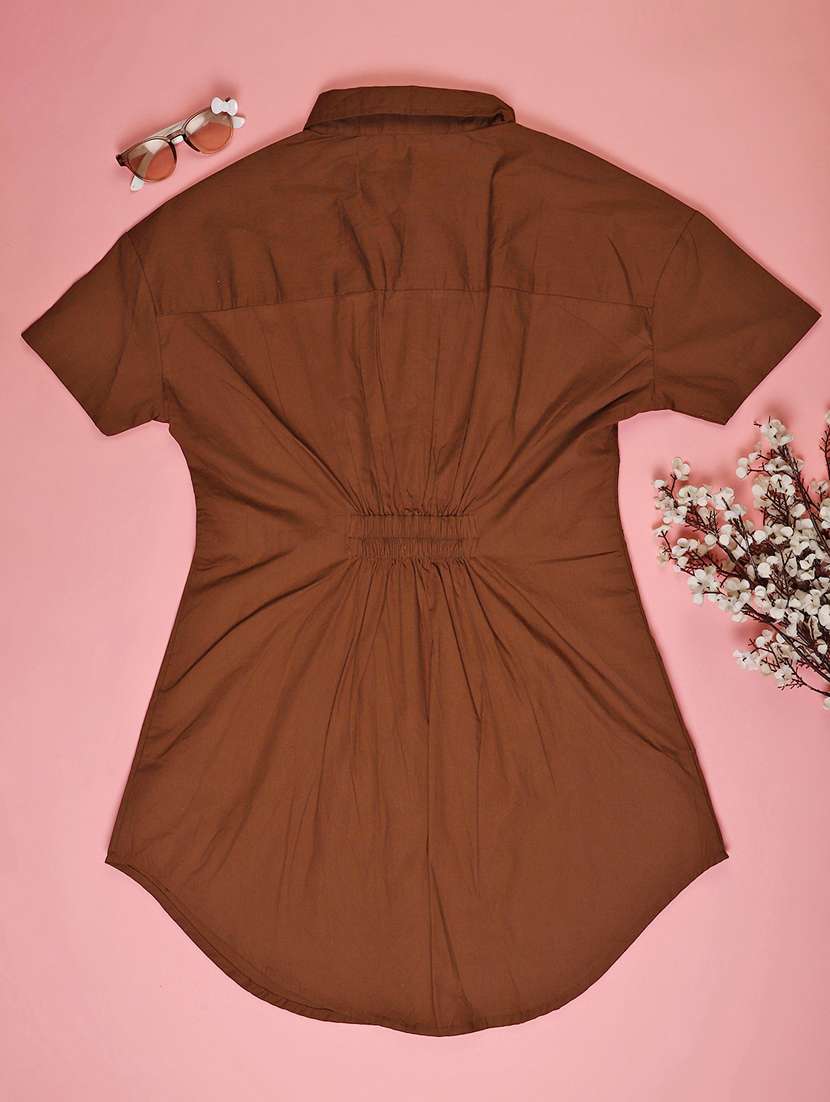 girls brown solid short sleeve shirt dress - 22183701 -  Standard Image - 1