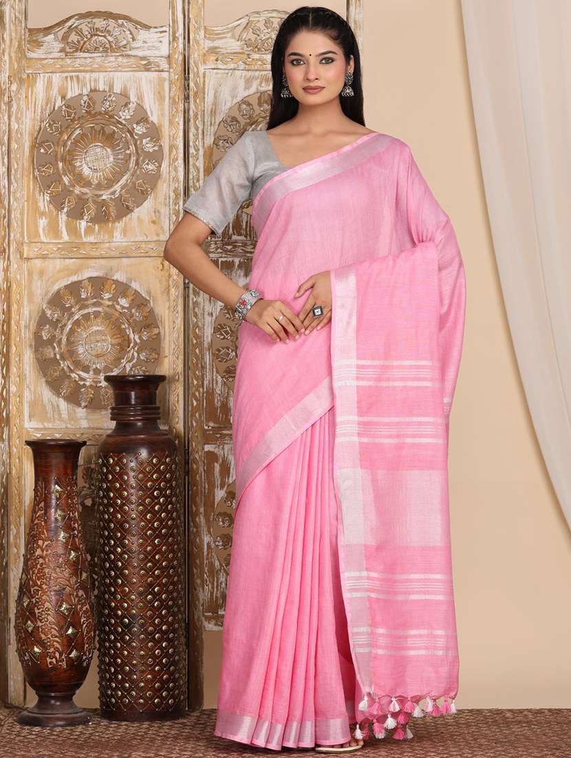 women solid with bordered saree with blouse