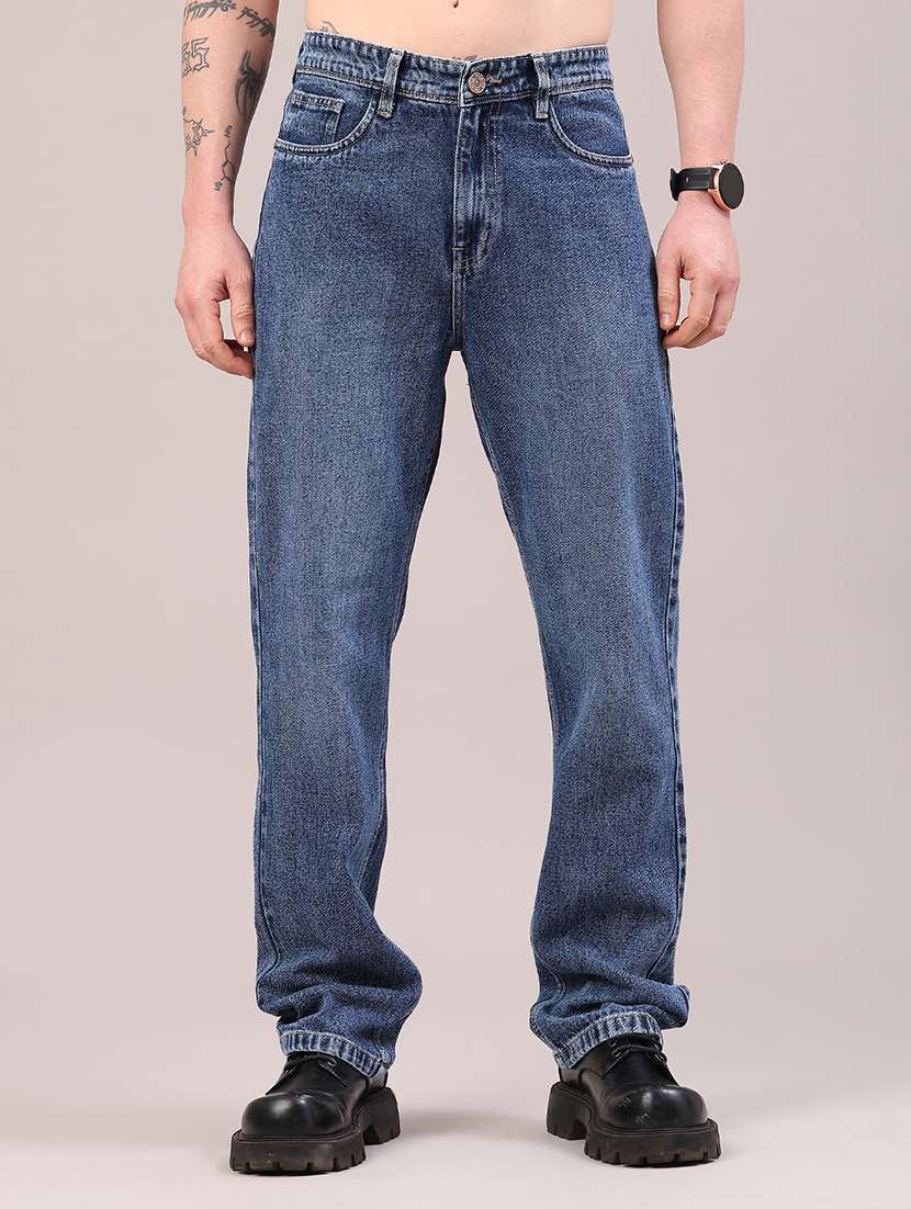 men washed mid rise full length relaxed fit jeans