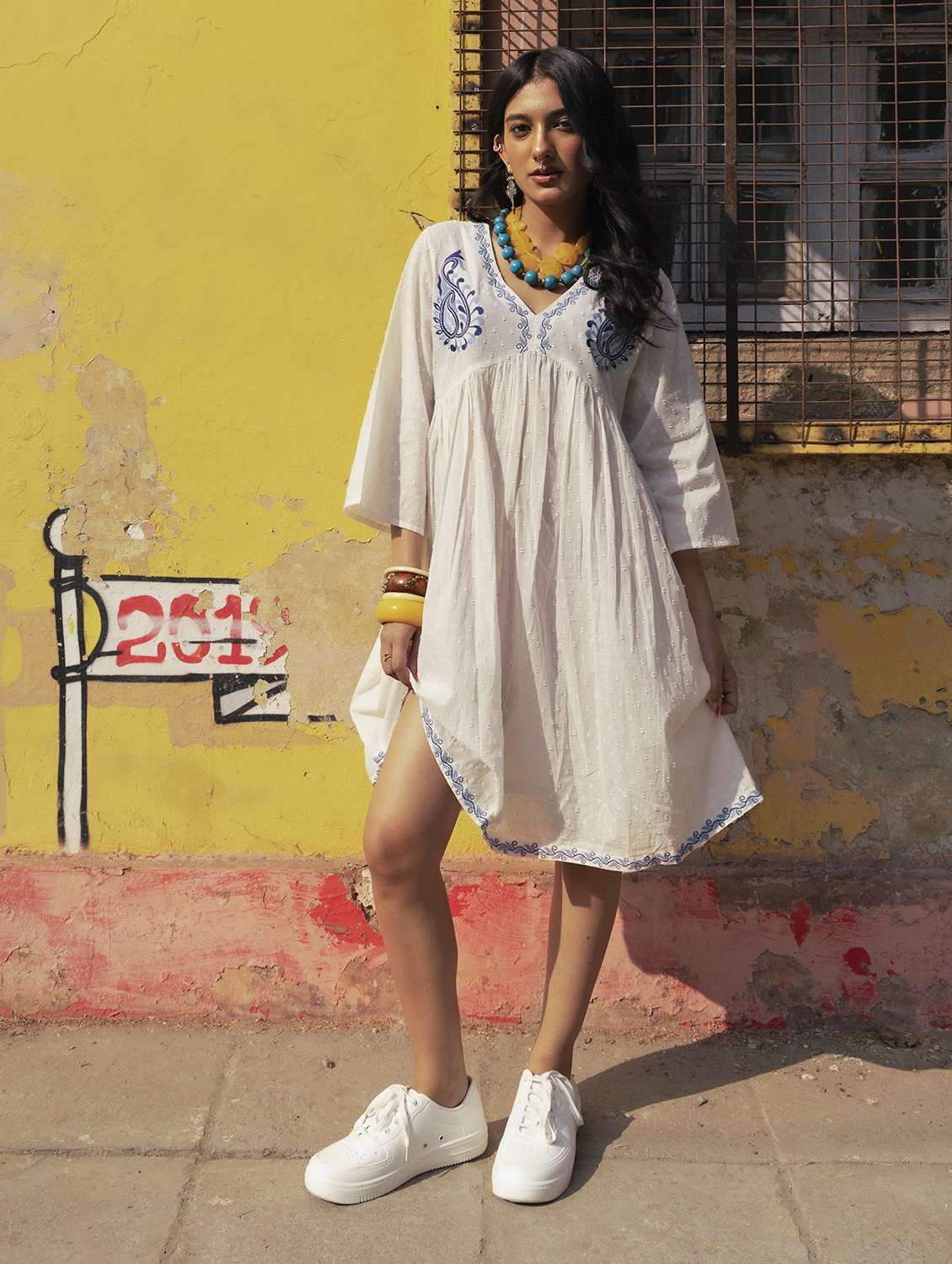 women embroidered v neck fit & flare dress