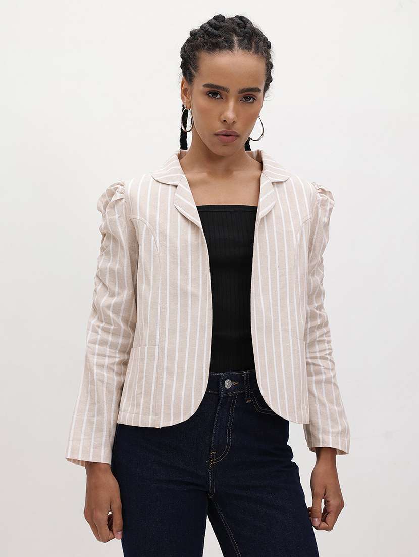 women striped long sleeve regular jacket