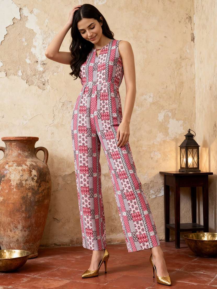 globus women pink keyhole neck sleeveless ethnic print straight fit wide leg fusion jumpsuit