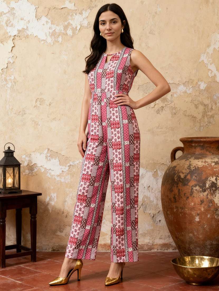globus women pink keyhole neck sleeveless ethnic print straight fit wide leg fusion jumpsuit - 22184160 -  Standard Image - 1
