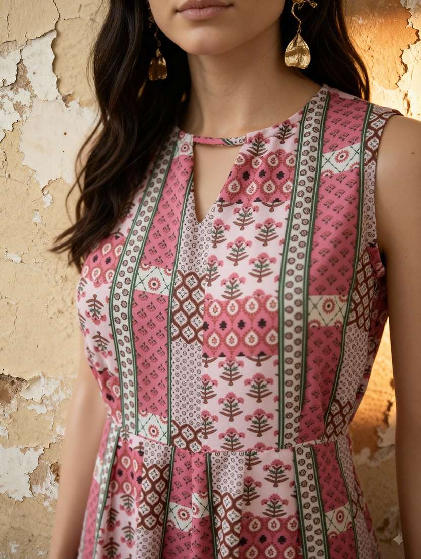 globus women pink keyhole neck sleeveless ethnic print straight fit wide leg fusion jumpsuit - 22184160 -  Standard Image - 4