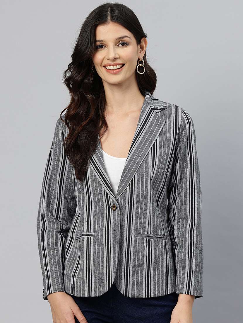 women striped long sleeve single breasted blazer