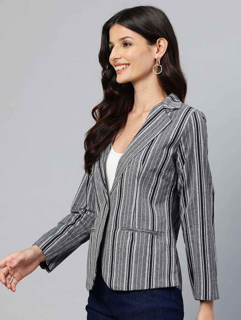 women striped long sleeve single breasted blazer - 22184221 -  Standard Image - 1