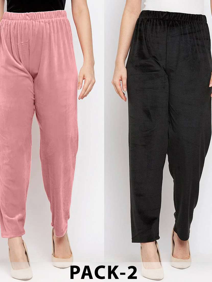 women pack of 2 solid high rise velvet straight trouser