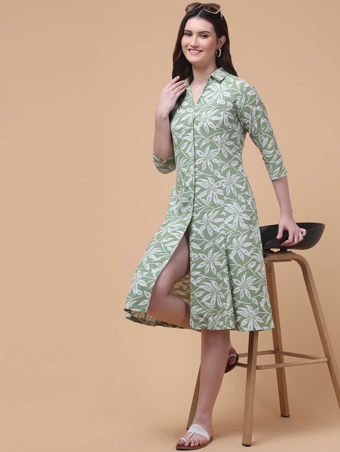 women printed three quarter sleeve shirt dress - 22184363 -  Standard Image - 1