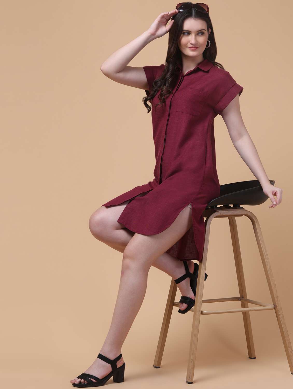 women solid collaerd short sleeve shirt dress - 22184364 -  Standard Image - 1