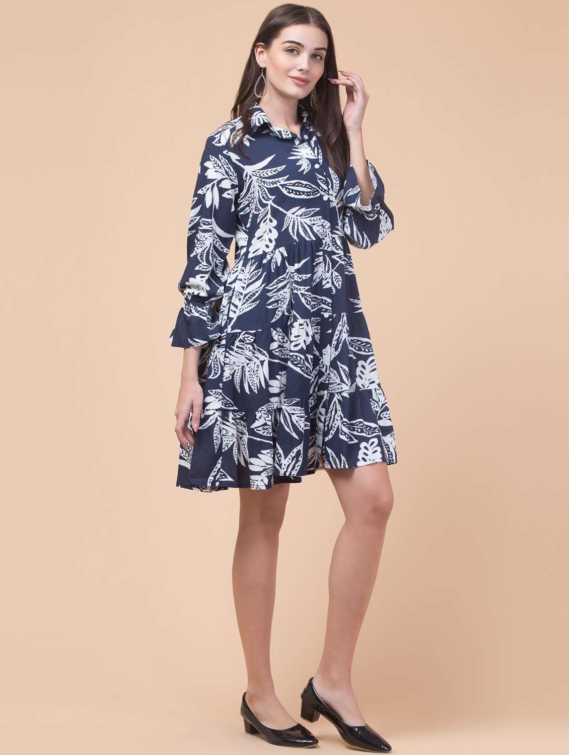 women printed long sleeve collared tiered dress - 22184365 -  Standard Image - 1