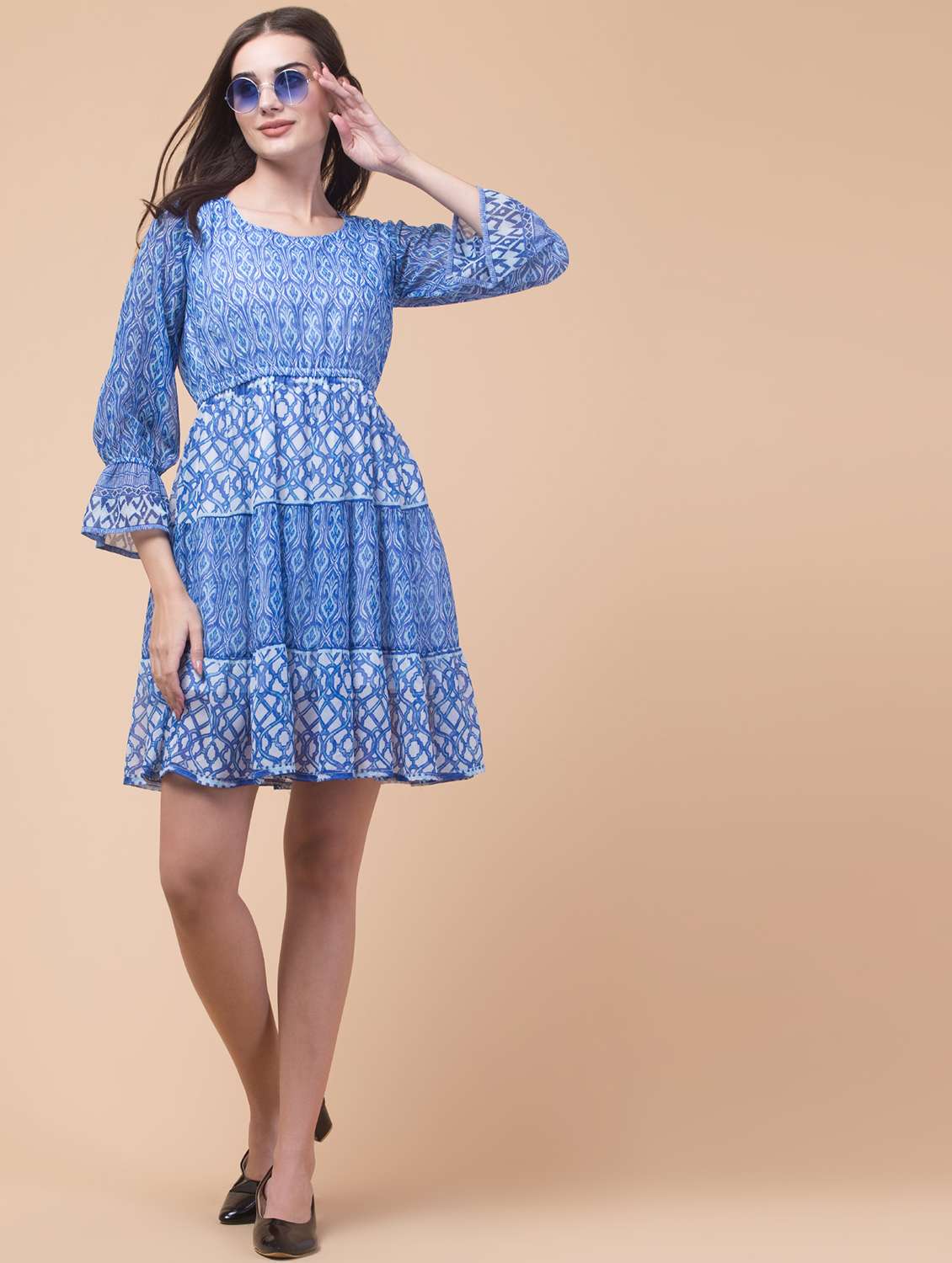 women printed long sleeve tiered dress - 22184367 -  Standard Image - 1