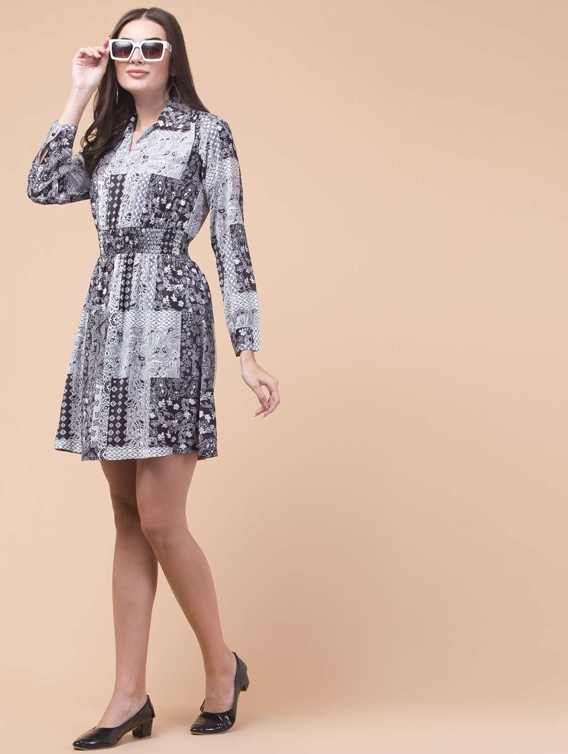 women printed collared long sleeve a-line dress - 22184370 -  Standard Image - 1