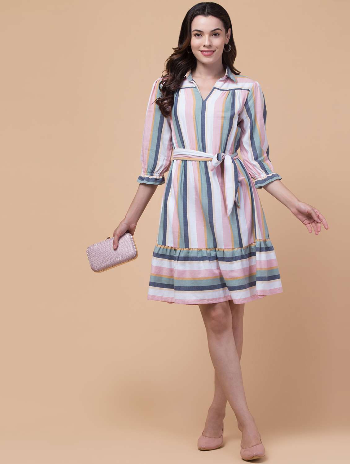 women striped collared tiered dress - 22184371 -  Standard Image - 1