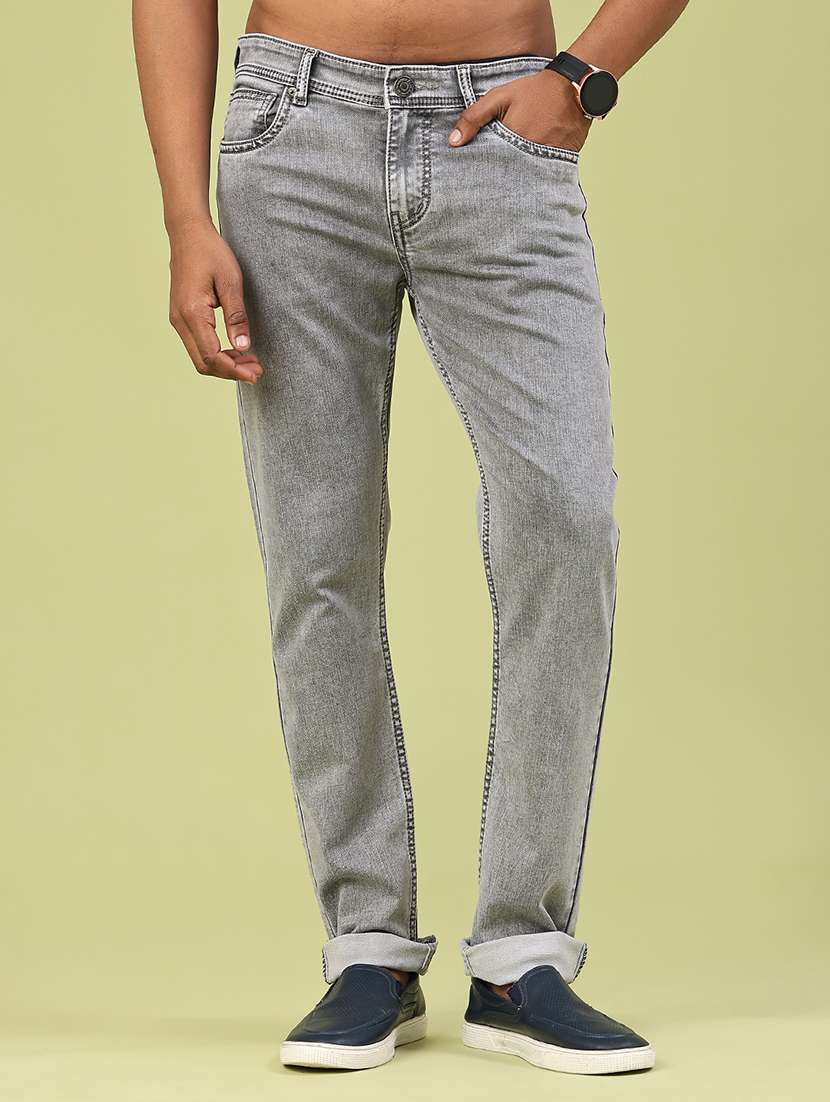 men plain mid rise full length tapered jeans