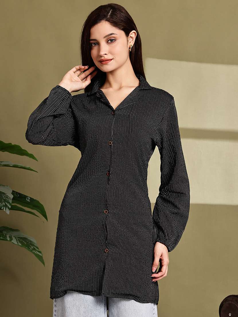 women lapel collar long sleeve regular fit shirt