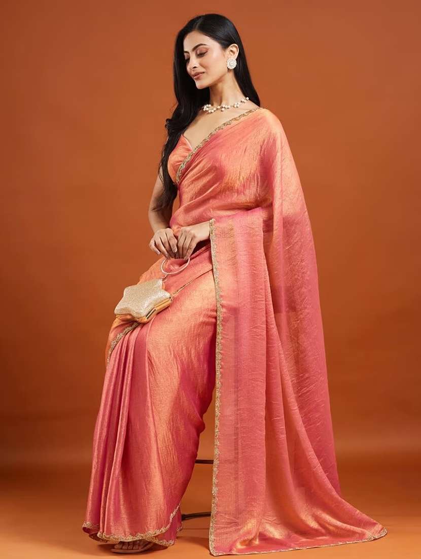 women solid with embellished bordered saree with blouse - 22185053 -  Standard Image - 1