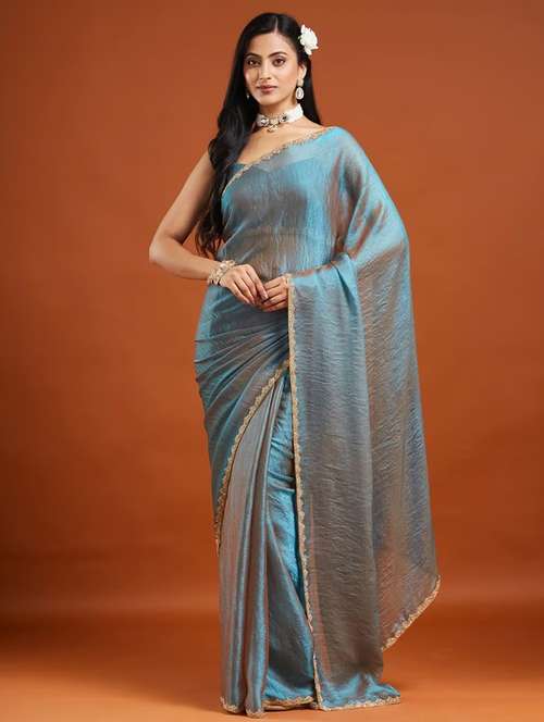 women solid with embellished bordered saree with blouse - 22185055 -  Standard Image - 0