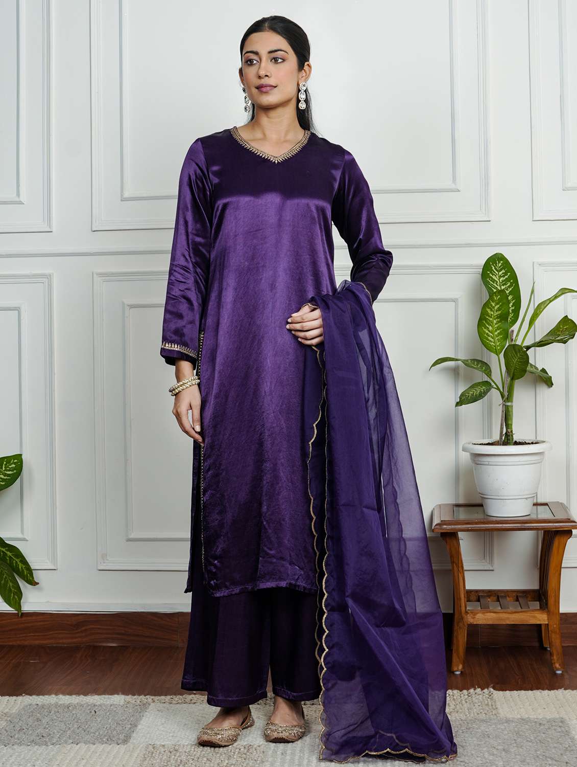 women solid with work long sleeve kurta pant with dupatta set - 22185066 -  Standard Image - 1