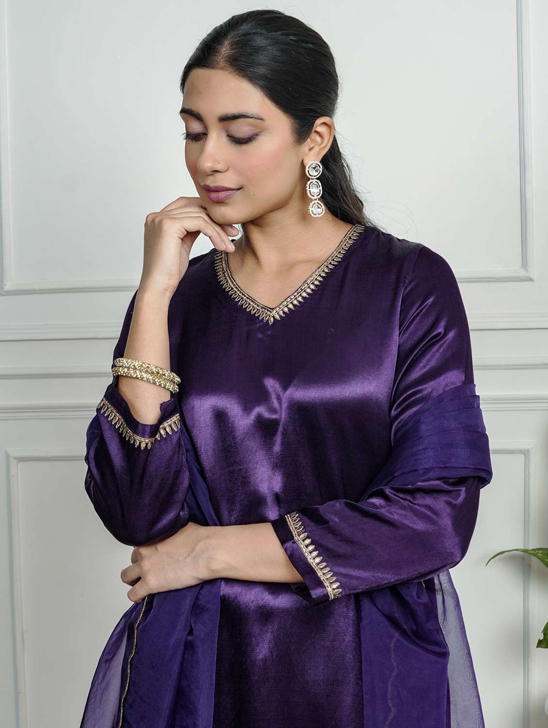 women solid with work long sleeve kurta pant with dupatta set - 22185066 -  Standard Image - 4