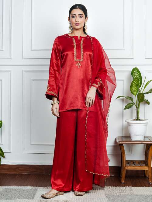 women solid with work long sleeve kurta palazzo with dupatta set - 22185067 -  Standard Image - 0