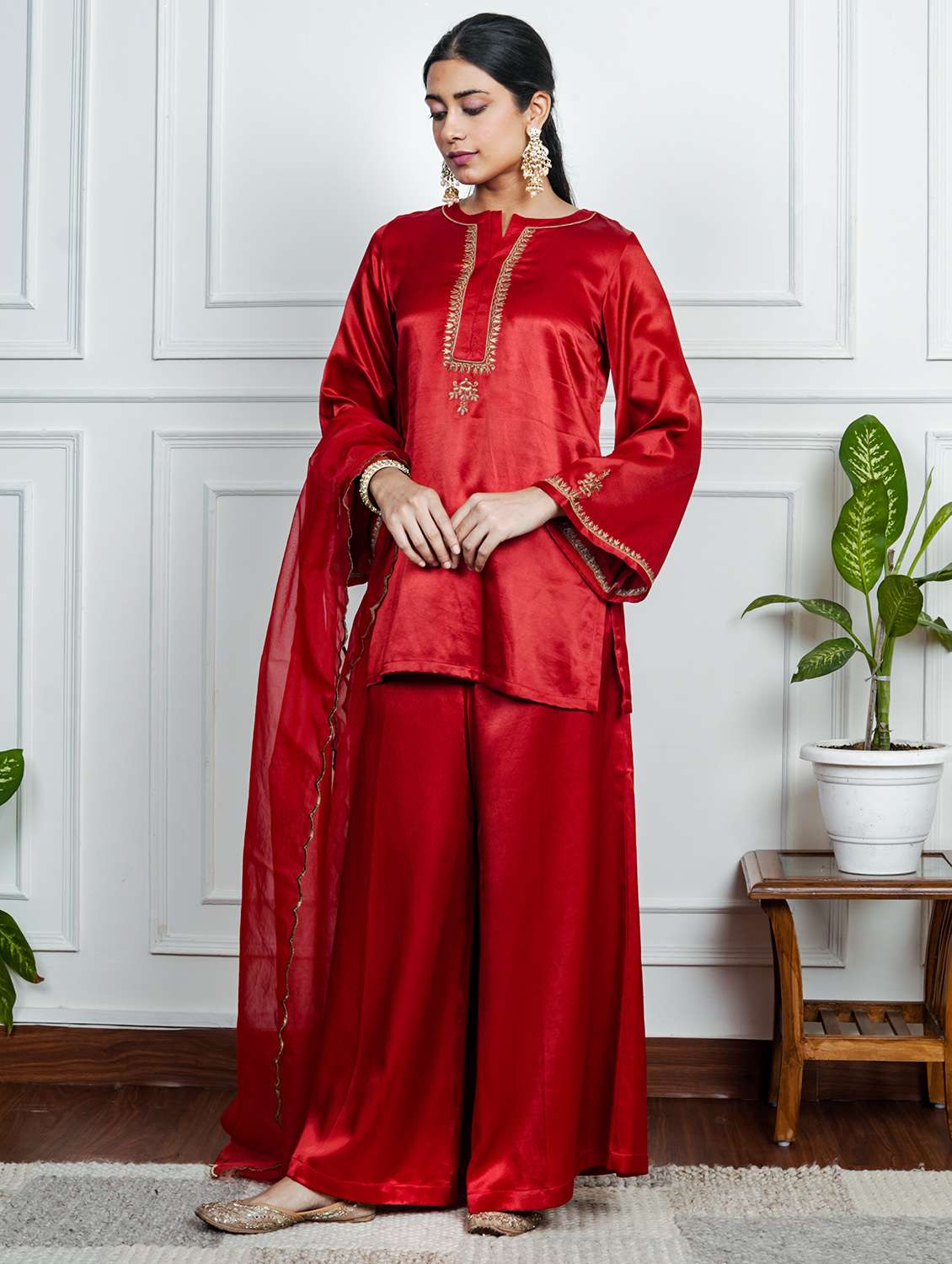 women solid with work long sleeve kurta palazzo with dupatta set - 22185067 -  Standard Image - 1