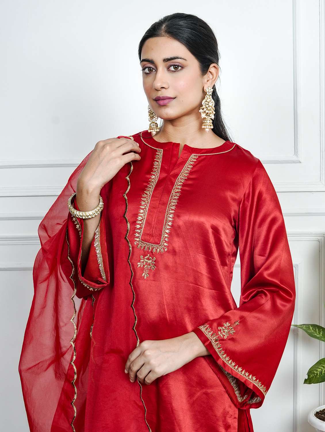 women solid with work long sleeve kurta palazzo with dupatta set - 22185067 -  Standard Image - 4