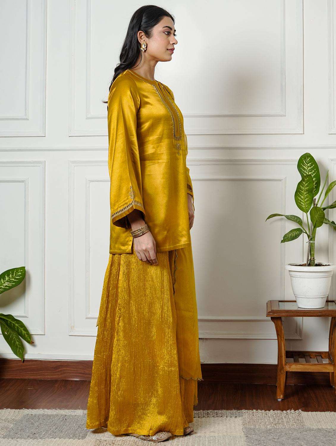 women solid with work long sleeve kurta palazzo with dupatta set - 22185068 -  Standard Image - 1