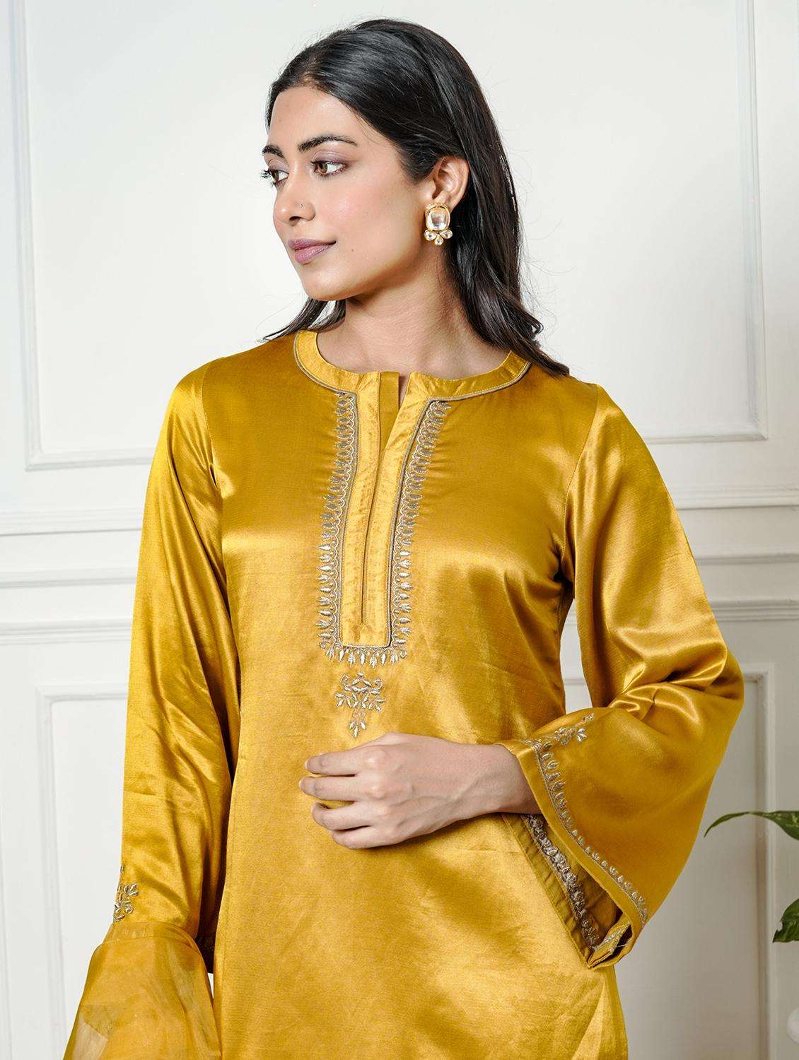 women solid with work long sleeve kurta palazzo with dupatta set - 22185068 -  Standard Image - 4